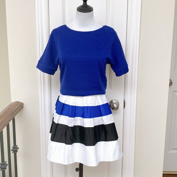 NWT Blue Knitted Blouse Top and Blue White Black Stripes skater Skirt Dress Set - Picture 2 of 9